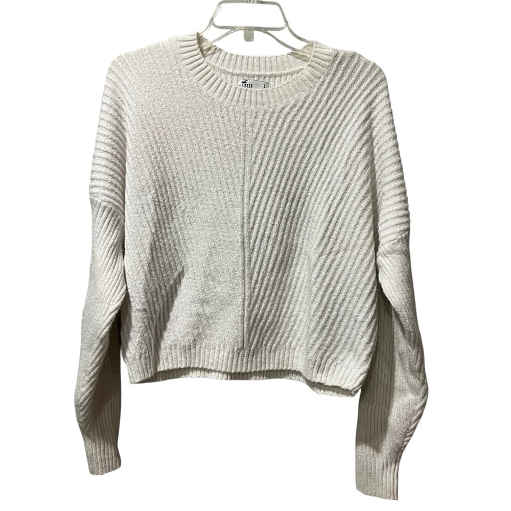 Hollister Womens Cropped Pullover Long‎ Sleeve Knit Sweater White Size Large